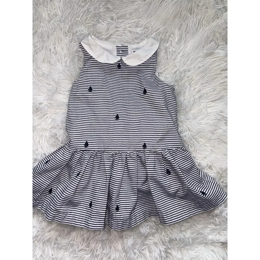 Janie & Jack 6/12 Mo. Classic Sailboat Design Blue Striped Collar Dress. Cute